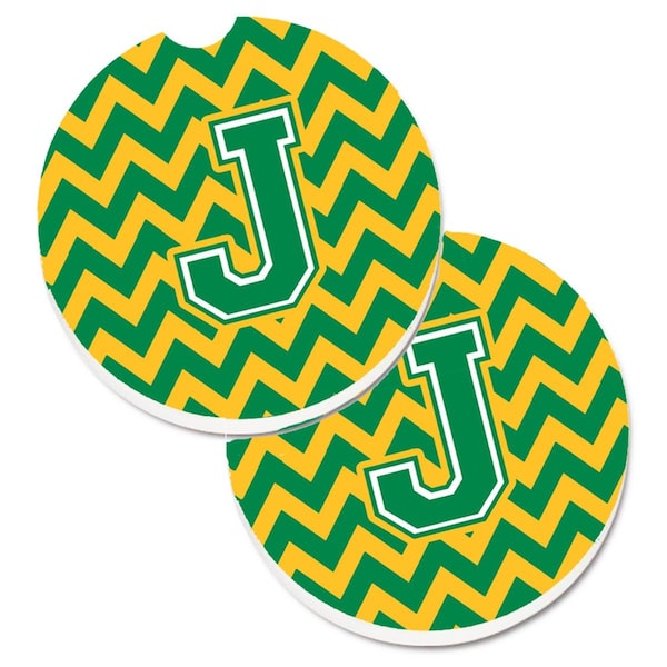 Carolines Treasures Letter J Chevron Green and Gold Set of 2 Cup Holder Car Coaster CJ1059-JCARC - main